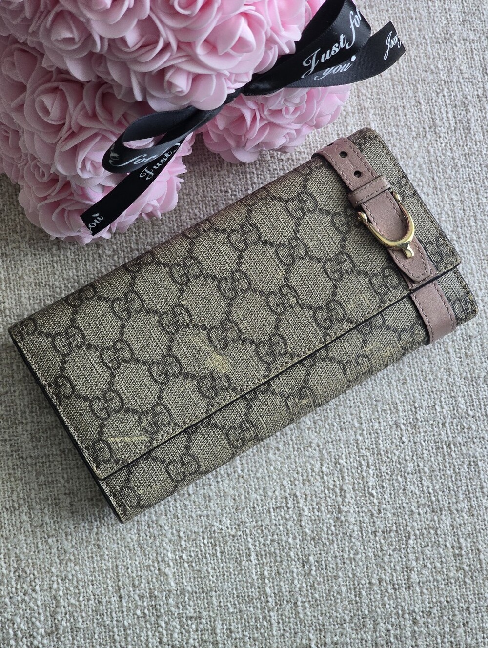 Gucci Beige Pink GG Canvas Gold Horsebit Wallet